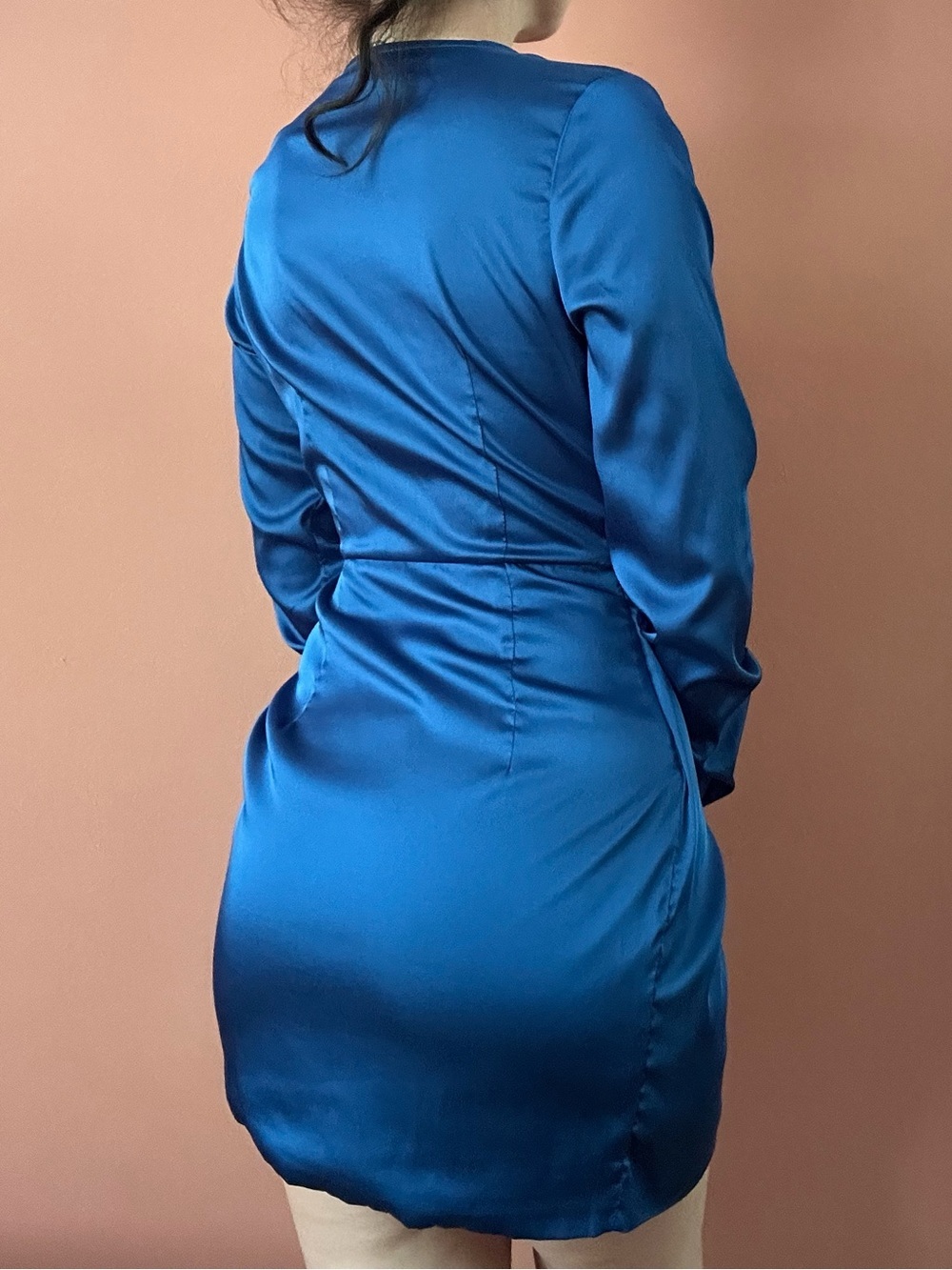Fashion Nova Blue Satin Long Sleeve Twist Front Mini Dress - Picture 5 of 6